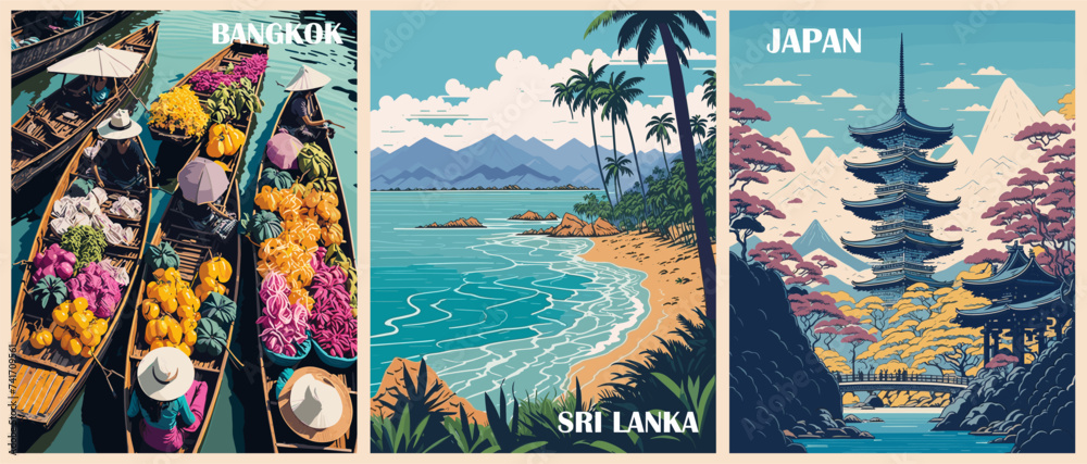 Fototapeta premium Set of Travel Destination Posters in retro style. Bangkok, Thailand, Sri Lanka, Japan Tokyo prints. Exotic summer vacation, holidays concept. Vintage vector colorful illustrations.