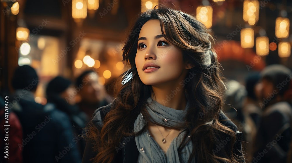 Portrait of beautiful young woman with long wavy hair in evening street.