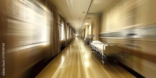 Blurred motion effect on hospital corridor with gurneys, evoking urgency photo