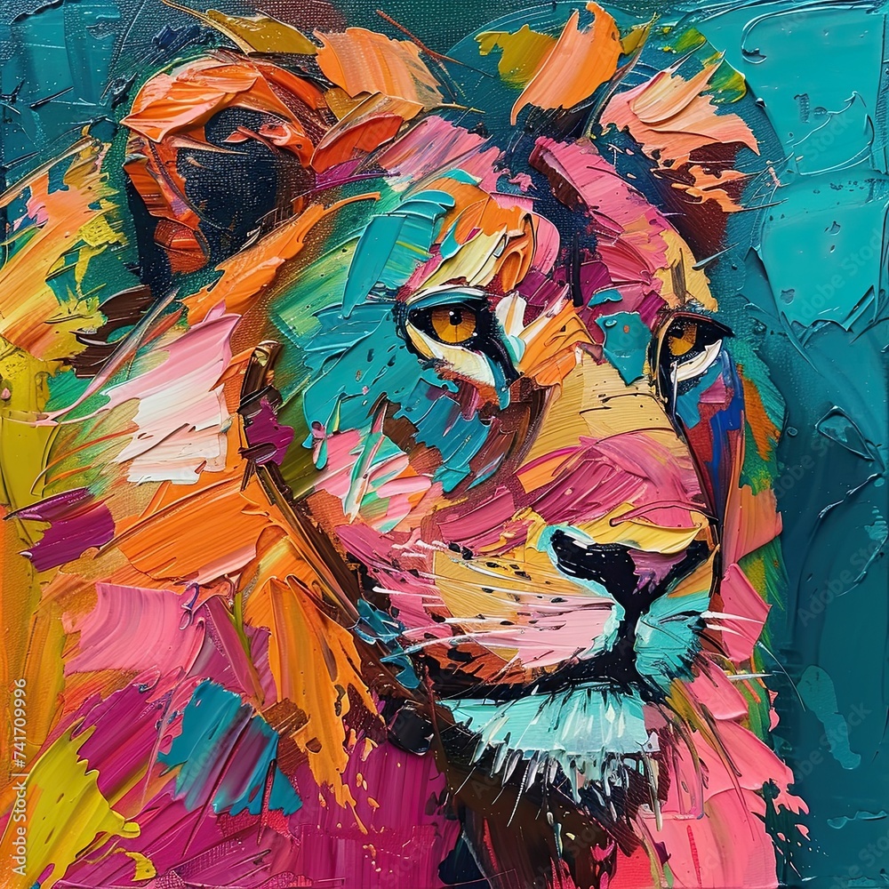 A detailed painting of a lion with a majestic mane standing confidently on a vibrant blue background, portrait in style of abstract impasto oil painting, wall art poster