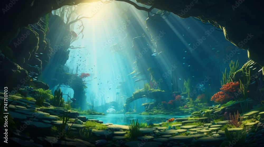 Fototapeta premium Mystical Underwater Cave with Bioluminescent Plants and Tropical Fish