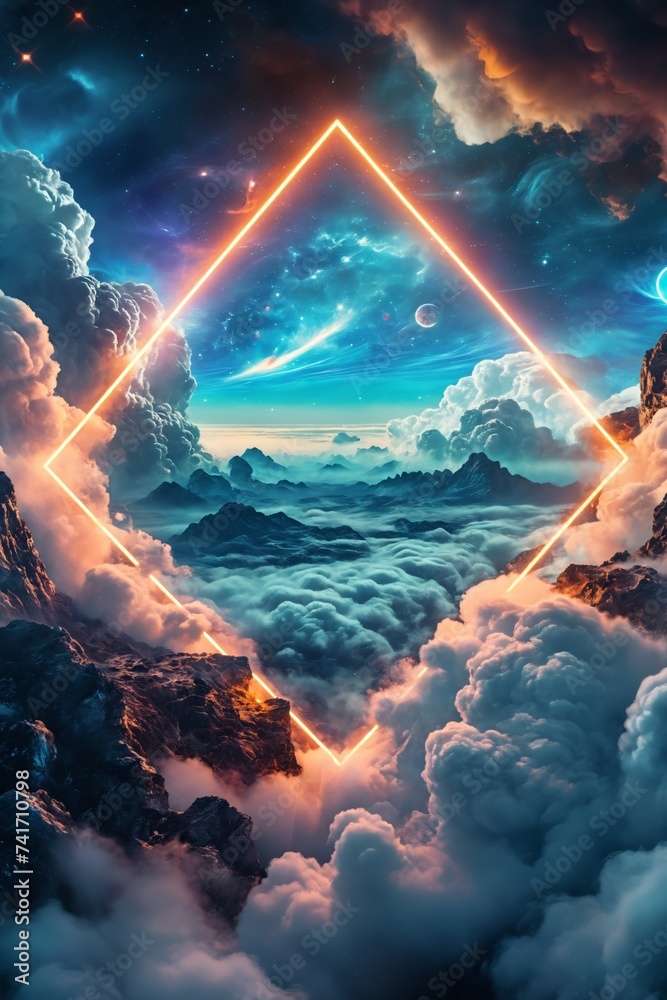 Majestic Mountain Peaks Amidst Clouds Under Starry Sky Enclosed by Neon Triangle
