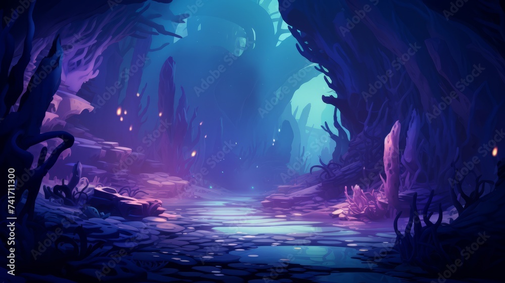 fantasy landscape with glowing mushrooms and river