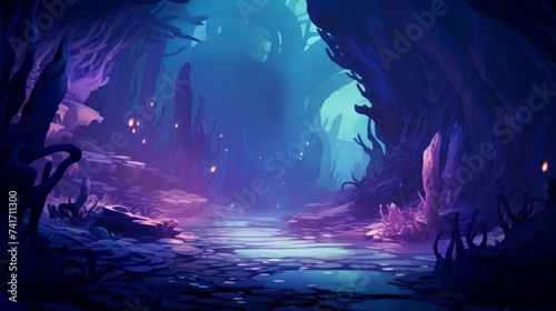 fantasy landscape with glowing mushrooms and river