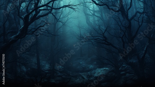 Gloomy dead forest with spooky blue light