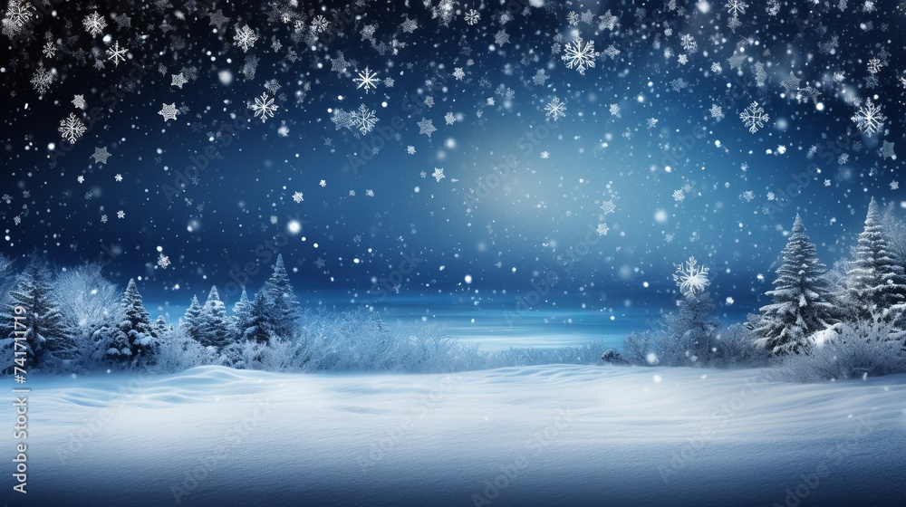A winter wonderland of snow-covered trees and a frozen lake at night A winter wonderland of snow-covered trees and a frozen lake at night