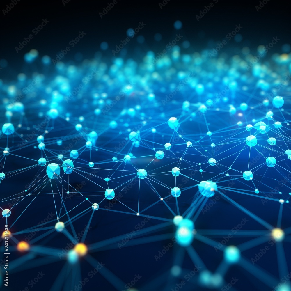 Blue glowing network nodes connected by lines on dark background Blue glowing network nodes connected by lines on dark background