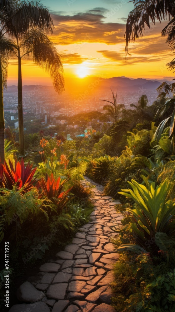 A beautiful sunset over a tropical city