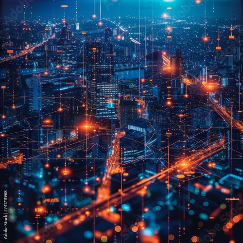 A digital painting of a futuristic city at night with glowing orange and blue lights