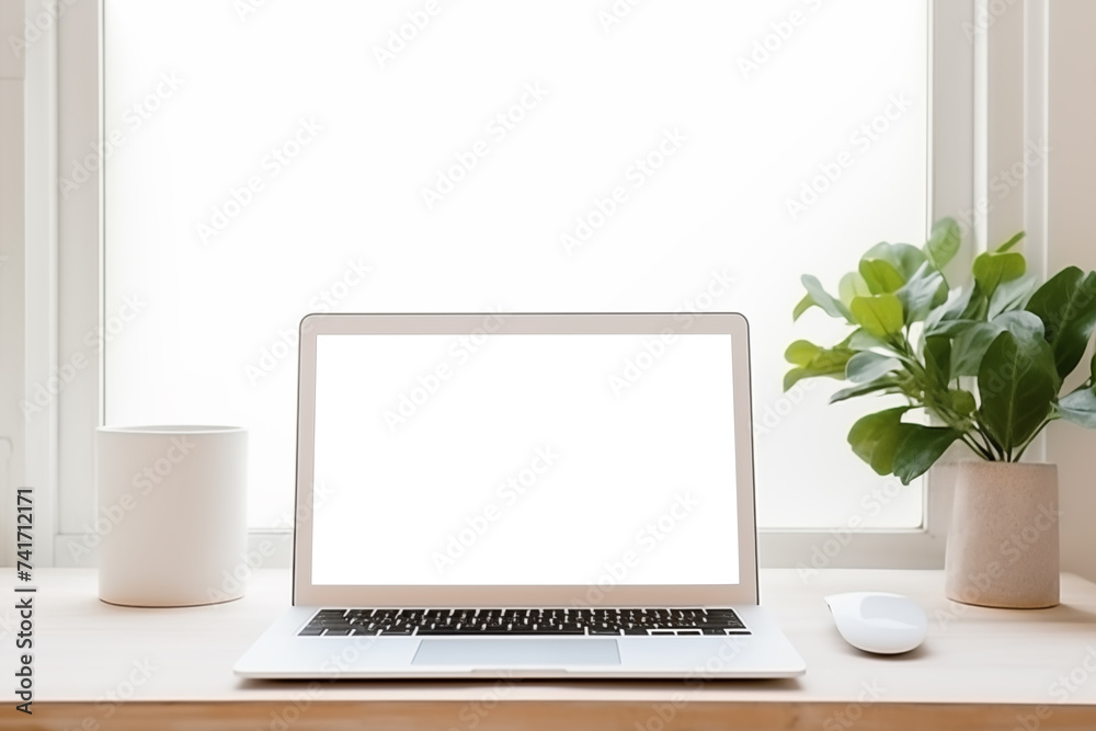 Fototapeta premium notebook laptop white screen mockup and stuff on white tabletop in front of window background