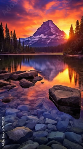 Tranquil Mountain Sunset Overlooking the Lake and Rocky Shore