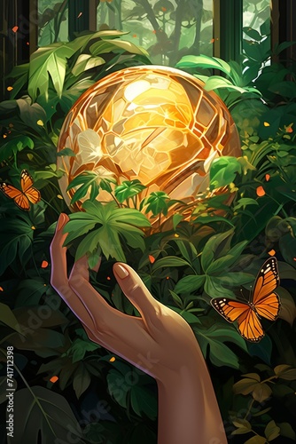 An illustration of a hand holding a glowing orb in a lush forest with butterflies and flowers photo