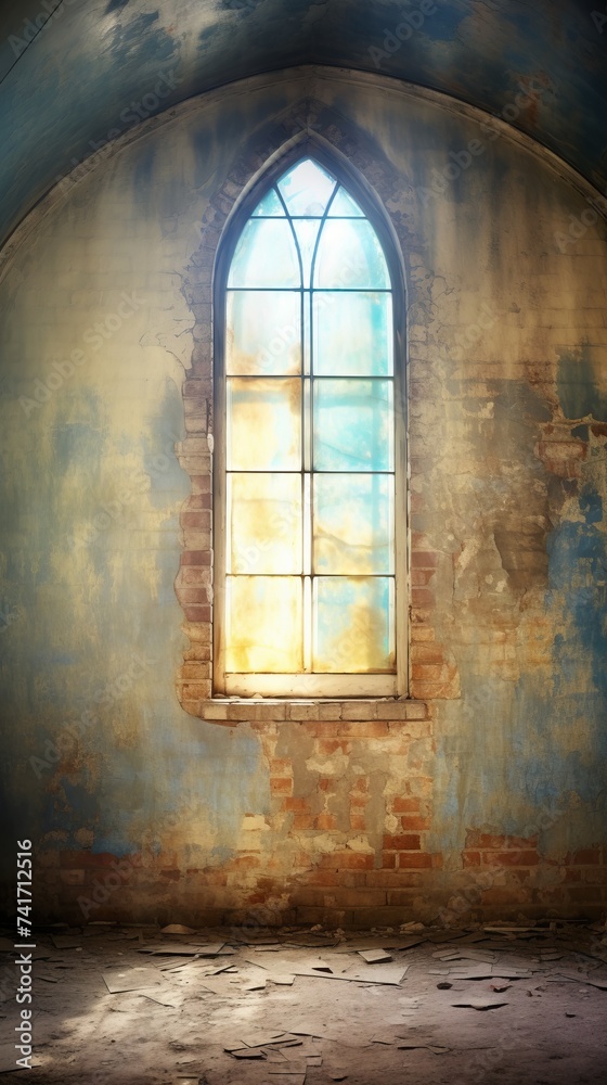 stained glass window in abandoned church