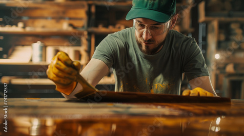 craftsman with a beard, wearing safety glasses and a cap, applying varnish to a wooden surface with a large brush.