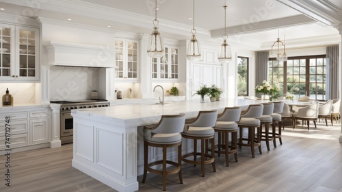 White kitchen island with marble top and wood chairs
