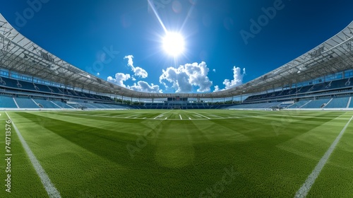 An illustration of a large, empty stadium with green turf and a blue sky © Adobe Contributor