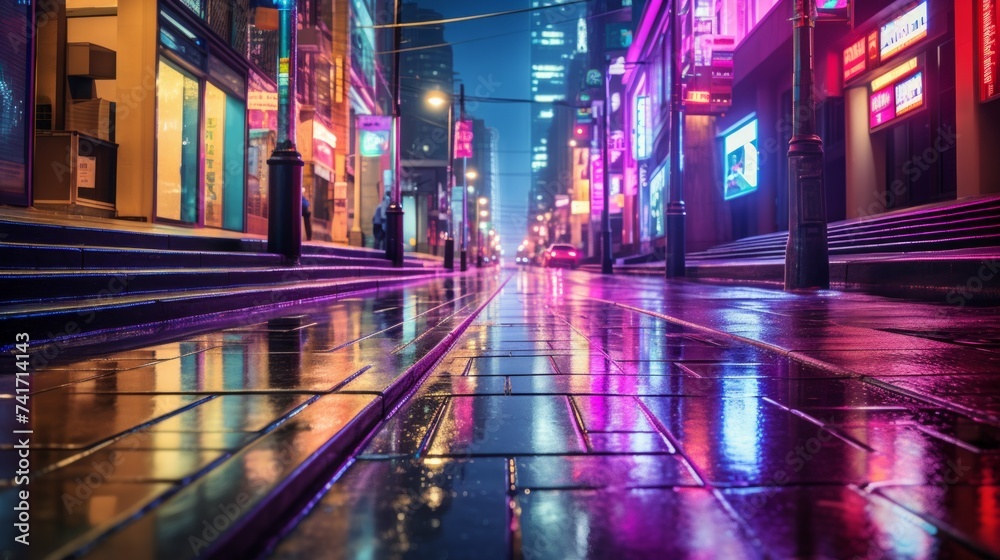 A deserted street in a cyberpunk city with neon lights reflecting off the wet pavement