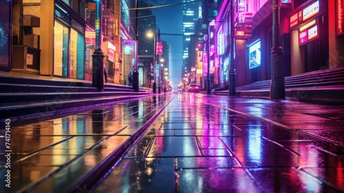 A deserted street in a cyberpunk city with neon lights reflecting off the wet pavement © Adobe Contributor