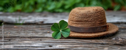 Four-leaf clover and wicker men hat on old wooden table. St Patrick holiday symbols on boards outdoors. Traditional Irish fest in spring. photo