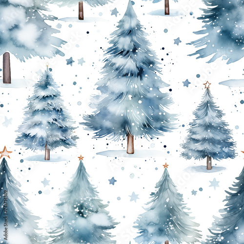 Watercolor Christmas seamless pattern with snowy trees isolated on white background.