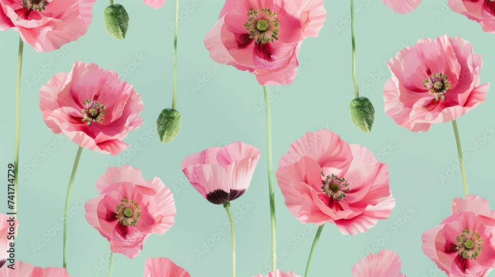 Seamless pattern with pink poppies on mint green background. Beautiful decorative stylized spring summer flowers