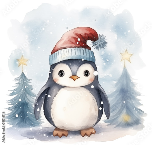 Cute Watercolor Penguin in Santa Hat and Scarf Enjoying Snowfall Near Christmas Trees