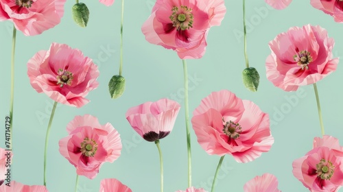 Seamless pattern with pink poppies on mint green background. Beautiful decorative stylized spring summer flowers