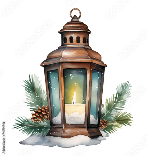 Watercolor lantern with candle and pine, isolated on white background.