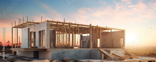 Exterior view of an unfinished house on a construction site at sunset. Concept Sunset, Construction Site, Unfinished House, Exterior View, Architecture