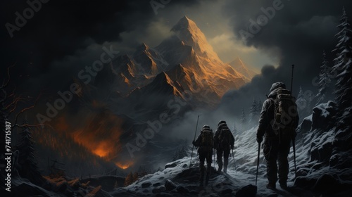 Fantasy landscape with silhouettes of soldiers on the background of mountains