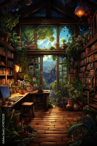 fantasy room filled with bookshelves plants and a large window © Adobe Contributor