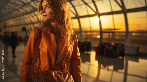 Portrait of a beautiful young woman with long curly hair in a jacket airport on background