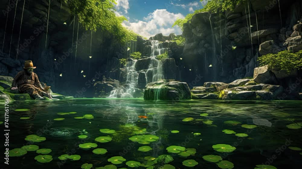 st patrick day opening video animation of a pond full of clover with waterfall and riff in bright sky pond with green water st patrick day opening video animation of a pond full of clover with waterfall and riff in bright sky pond with green water