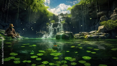 st patrick day opening video animation of a pond full of clover with waterfall and riff in bright sky pond with green water photo