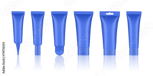 Set of blue cosmetic tubes. Closed blank tubes with caps. Realistic mockup. Long nozzle tube. for ointment or salve. Gel serum. Korean packaging. Lip gloss