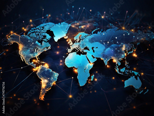 A world map, concept of global network and connectivity, worldwide business, international data transfer and cyber technology, information exchange, science, cybersafe and telecommunication 