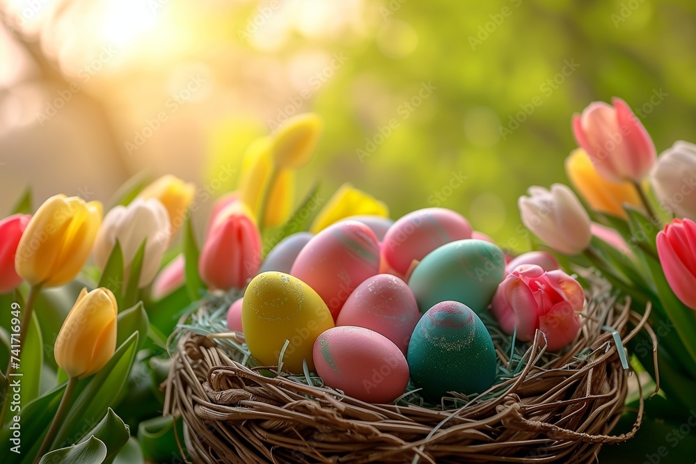 A cluster of vibrantly colored Easter eggs nestled in a woven basket, surrounded by pastel-colored tulips. A cluster of vibrantly colored Easter eggs nestled in a woven basket, surrounded by pastel-colored tulips.
