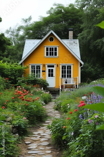 Small yellow cottage house in a garden full of flowers