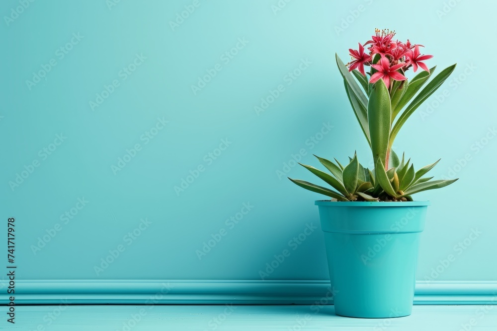 A flowerpot of red flowers on a blue background