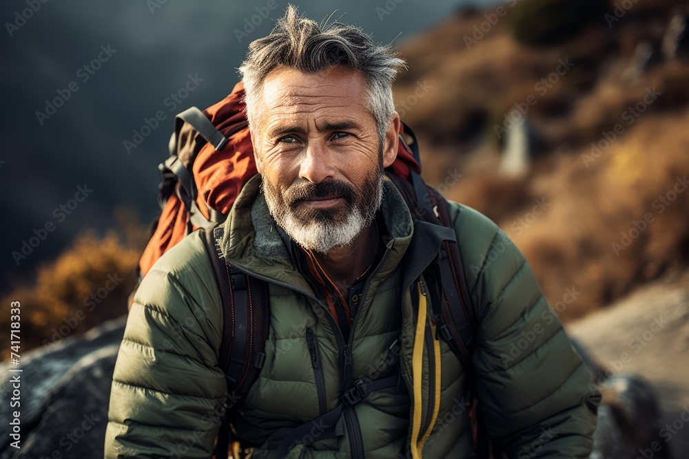 Portrait of senior man with beard and mustache hiking in the mountains. Portrait of senior man with beard and mustache hiking in the mountains.