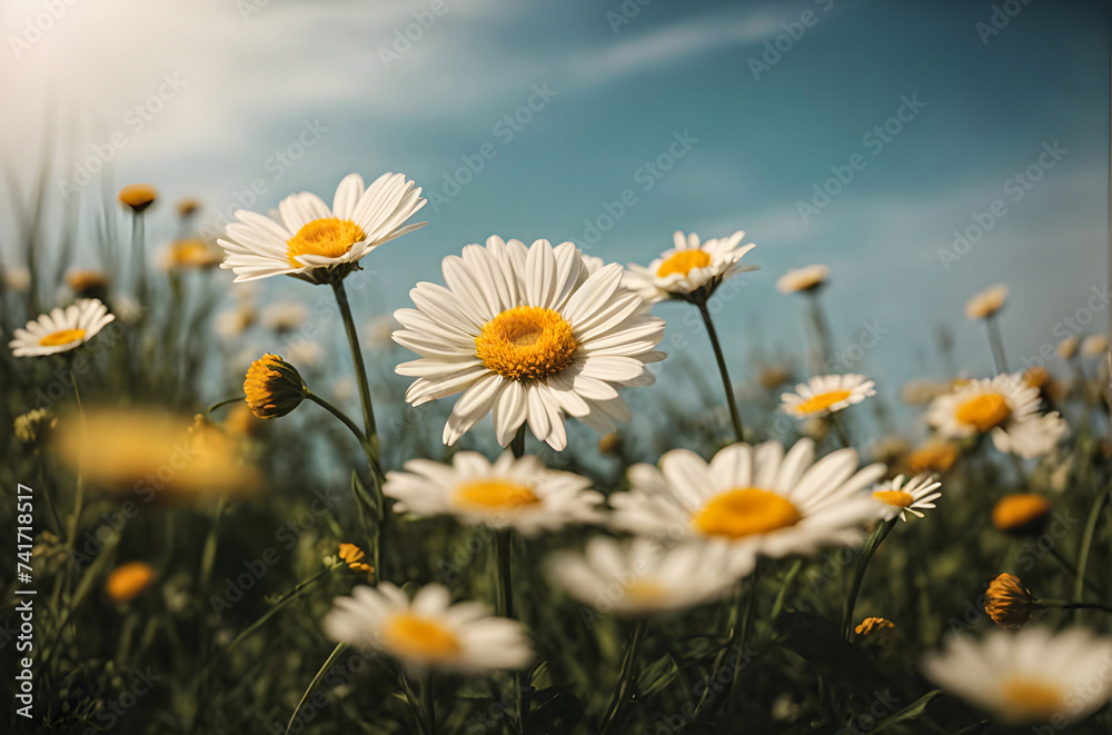 Summer field with white daisies flowers generative AI image.
