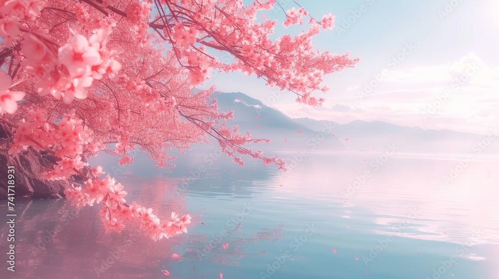 Pink cherry blossom tree over calm lake with snow capped mountains in the distance