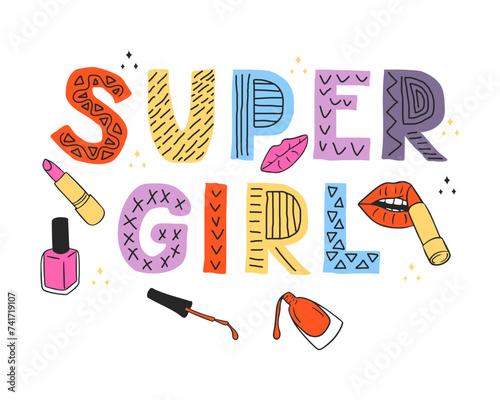 Lettering in Scandinavian style on Womens day. Text Super girl in childish style. Isolated vector illustration on white background. Good for poster, printout