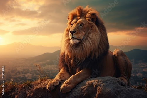 huge lion sitting on a rock in the African jungle