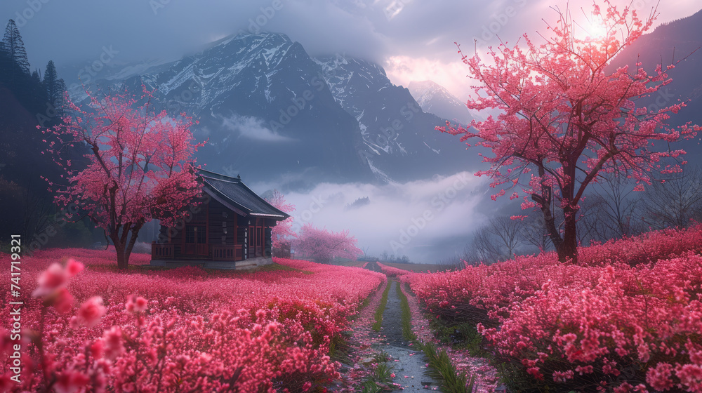 large cherry blossoms and wildflowers leading to a dojo in Japan ...