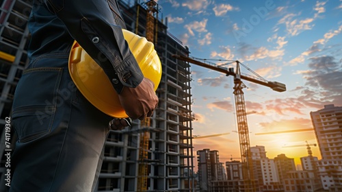 Silhouette Crane lifts weight against backdrop of new highrise residential complexes and construction cranes in the evening sunset overcast sky. Engineer carrying yellow helmet for workers security