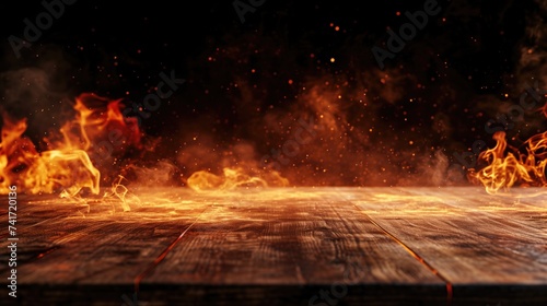 Wooden table with Fire burning at the edge of the table, fire particles, sparks, and smoke in the air, with fire flames on a dark background to display products, generative ai