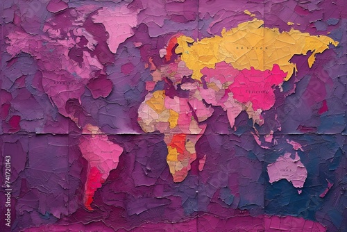Colorful world map with cracked paint texture