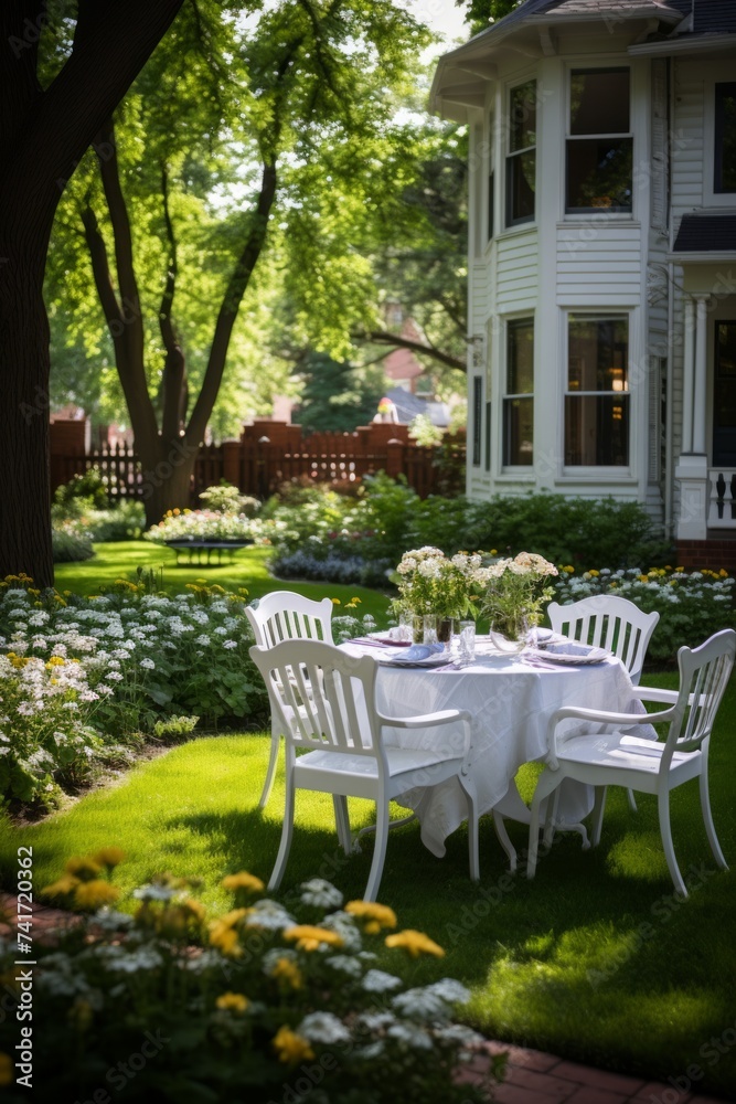 A beautiful garden with a table and chairs set for a party