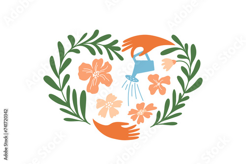 Grow inner garden, self care, cultivate love, mental health, wellbeing, wellness concept. Human hand irrigate blossom floral heart shape by watering can. Flower lover, spring time. Vector illustration